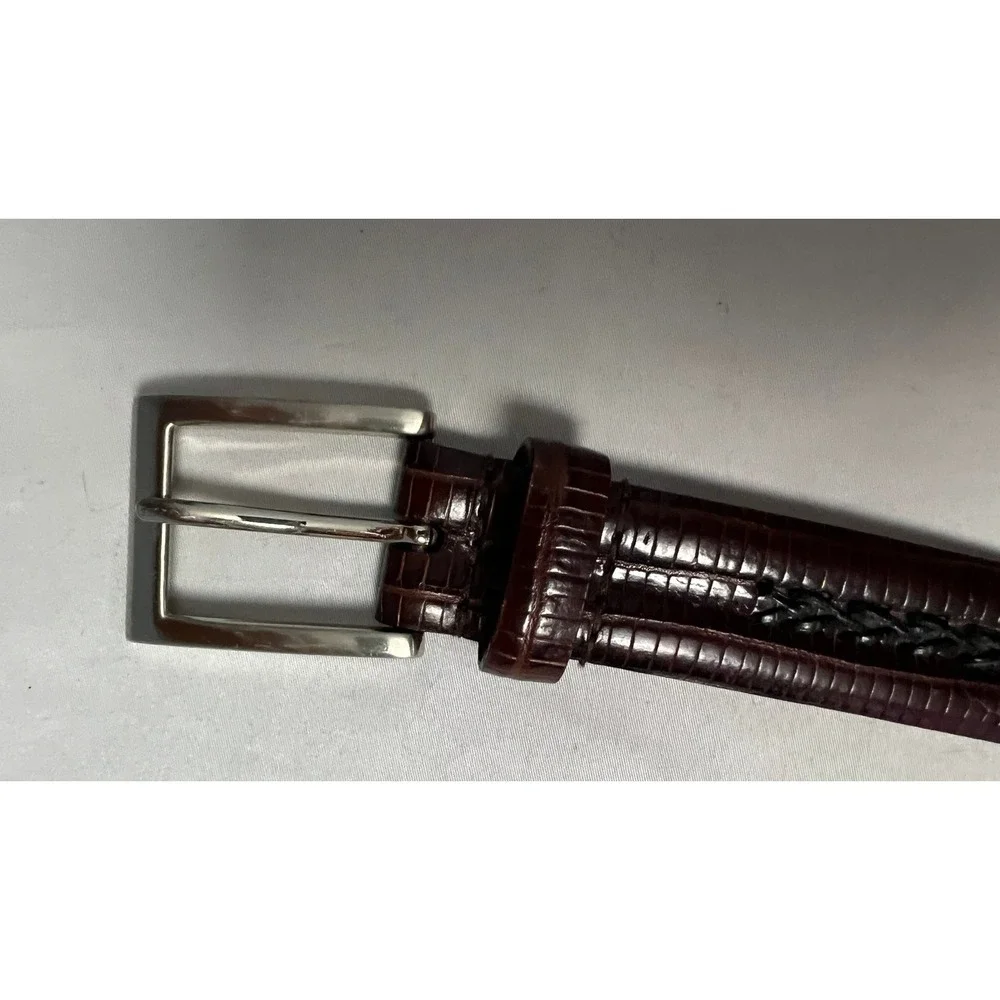 Brown Lizard Embossed Leather Belt with Braided Inlay Silver‎ Buckle 46 Inch